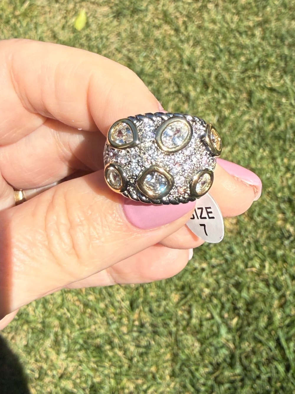 Silver ring with CZ accents and gold halo, statement ring, size 7